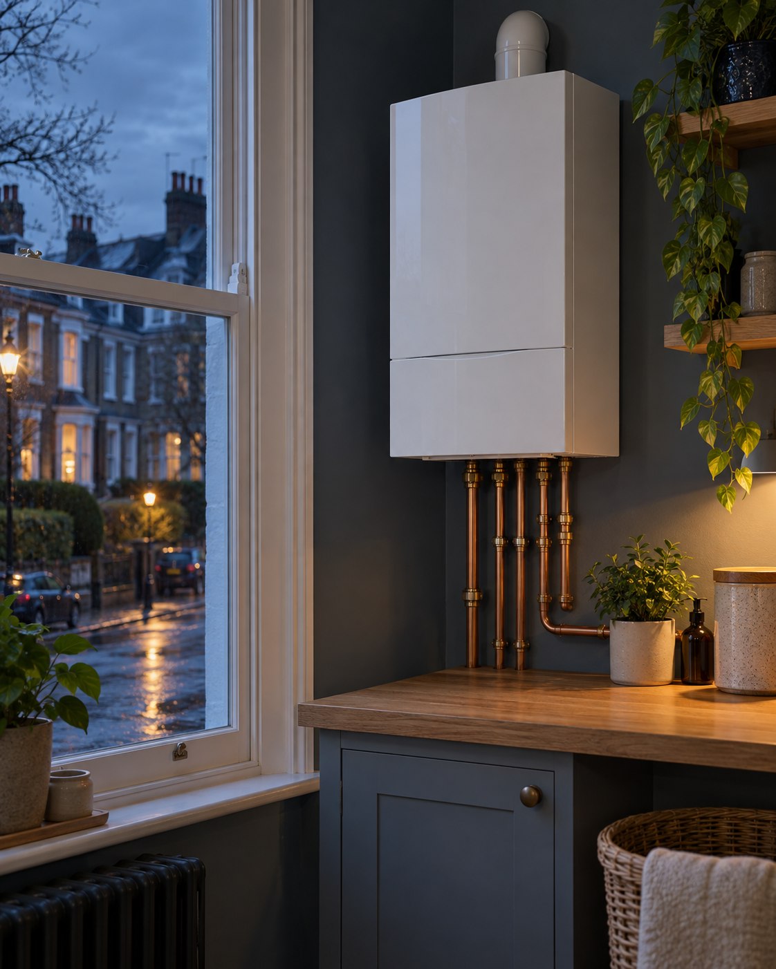 Illustrative boiler in a London home beside a sash window at dusk