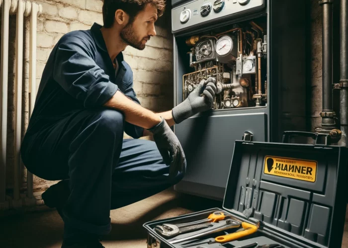DALL·E-2024-05-09-18.11.22-A-detailed-scene-of-a-man-repairing-a-gas-boiler.-The-man-is-wearing-a-dark-blue-jumpsuit-and-safety-gloves-with-a-toolbox-open-beside-him-containing